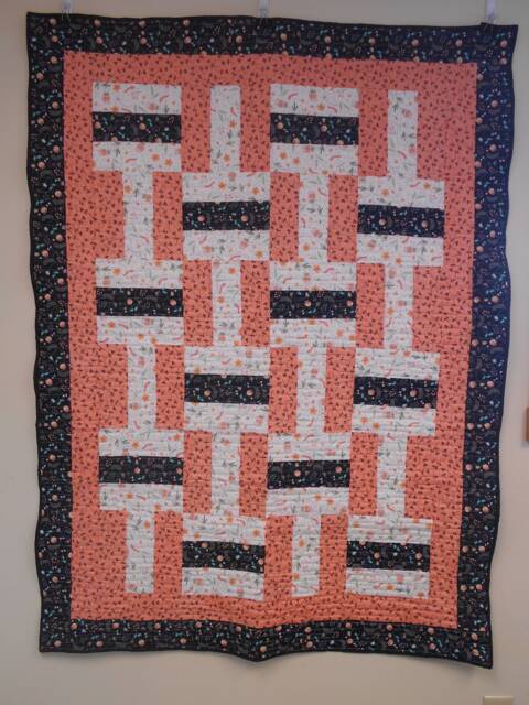 "Peach Throw Quilt Handmade Cotton Fence Rail Block - 50"" X 65" - image 1