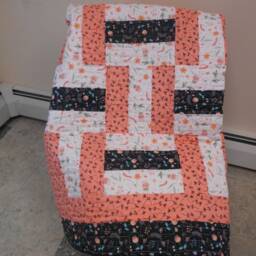 "Peach Throw Quilt Handmade Cotton Fence Rail Block - 50"" X 65" - thumbnail 4