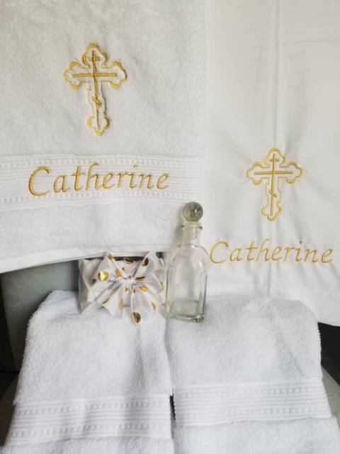 Personalized Gold Baptism Towel & Oil Sheet For Greek Orthodox Baptism, Bath Towel, Embroidered, Soap Bottle - image 1