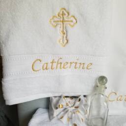 Personalized Gold Baptism Towel & Oil Sheet For Greek Orthodox Baptism, Bath Towel, Embroidered, Soap Bottle - thumbnail 3