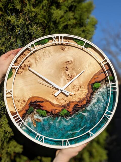 Moss & Wood Wall Clock Epoxy Resin Ocean Art, Metal Frame - image 1