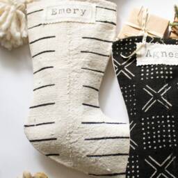 Black Mudcloth Christmas Stocking With Personalized Nametag, Boho Holiday Decor - thumbnail 4