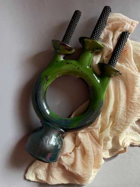 Handmade Green Ceramic Trinity Candlestick - Bohemian Decor - image 1