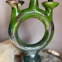 Handmade Green Ceramic Trinity Candlestick - Bohemian Decor - thumbnail 3
