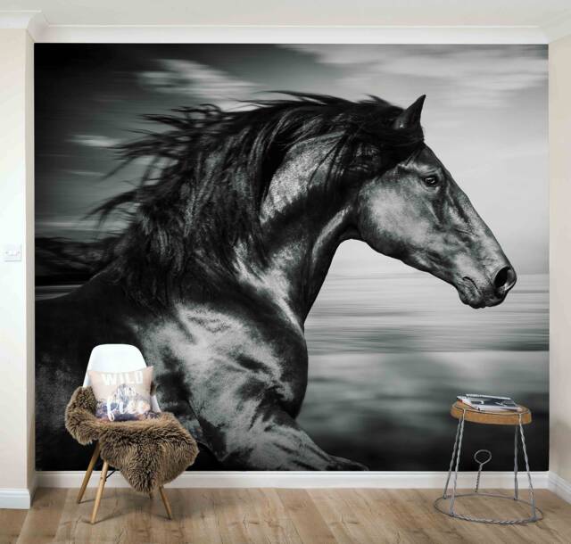 3D Galloping Black Horse Wallpaper, Removable Wall Mural, Vintage Art - image 1