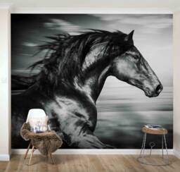 3D Galloping Black Horse Wallpaper, Removable Wall Mural, Vintage Art - thumbnail 1