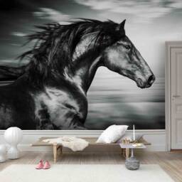 3D Galloping Black Horse Wallpaper, Removable Wall Mural, Vintage Art - thumbnail 3