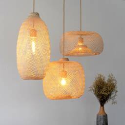 Bamboo Pendant Light - Handwoven Lamp Shade Fishing Trap Basket Flexible Natural Wood Boho Lighting - thumbnail 3