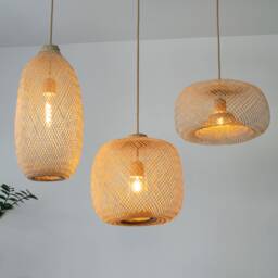 Bamboo Pendant Light - Handwoven Lamp Shade Fishing Trap Basket Flexible Natural Wood Boho Lighting