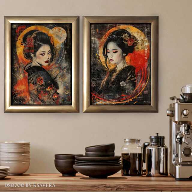 Framed Japanese Geisha Diptych - Acrylic Glass Art, Golden Wood Frame Ds0700 - image 1