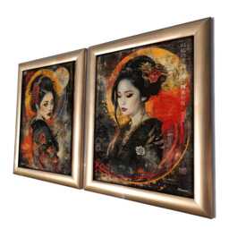 Japanese Geisha Ds0700 By Artist Ksavera - Ready To Hang Diptych Top Quality Print On Acryl Glass Framed in Massive Golden Wood Frame - thumbnail 1