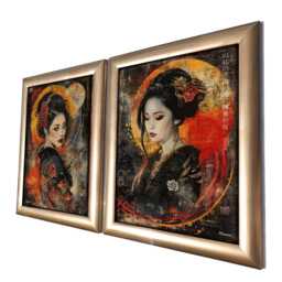 Framed Japanese Geisha Diptych - Acrylic Glass Art, Golden Wood Frame Ds0700 - thumbnail 3