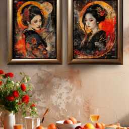 Framed Japanese Geisha Diptych - Acrylic Glass Art, Golden Wood Frame Ds0700 - thumbnail 2