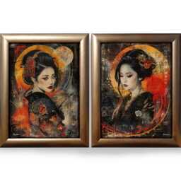 Japanese Geisha Ds0700 By Artist Ksavera - Ready To Hang Diptych Top Quality Print On Acryl Glass Framed in Massive Golden Wood Frame - thumbnail 2