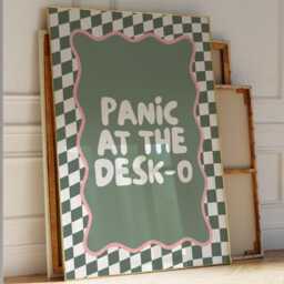 Panic At The Desk-O Art Print, Funny Office Poster, Work From Home Wall Art, Funky Green & Pink Decor - thumbnail 1