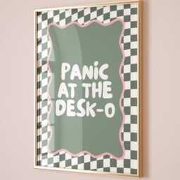 Panic At The Desk-O Art Print, Funny Office Poster, Work From Home Wall Art, Funky Green & Pink Decor - thumbnail 2