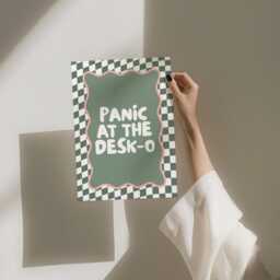 Panic At The Desk-O Art Print, Funny Office Poster, Work From Home Wall Art, Funky Green & Pink Decor - thumbnail 3