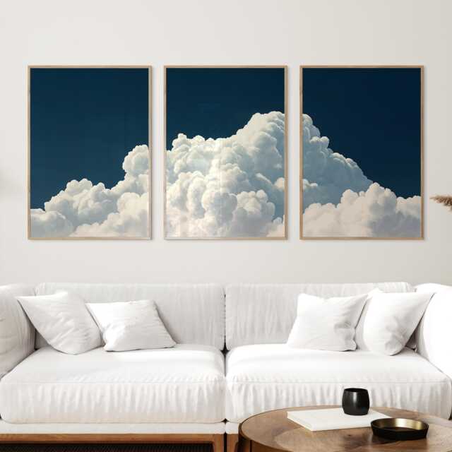 Moody Cloudscape Prints Set Of 3, Navy Sky Cloud Triptych Wall Art, Minimal Blue Gallery For Bedroom Or Lounge - image 1