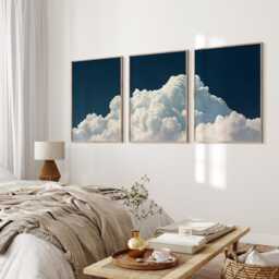 Moody Cloudscape Prints Set Of 3, Navy Sky Cloud Triptych Wall Art, Minimal Blue Gallery For Bedroom Or Lounge - thumbnail 2