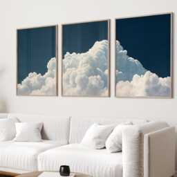 Moody Cloudscape Prints Set Of 3, Navy Sky Cloud Triptych Wall Art, Minimal Blue Gallery For Bedroom Or Lounge - thumbnail 3