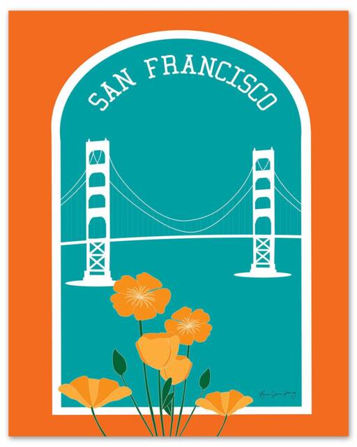 San Francisco Art Print, Golden Gate Bridge & Poppies Wall Art, Sf Artwork, Loose Petals City - Style E8-O-Sf9 - image 1