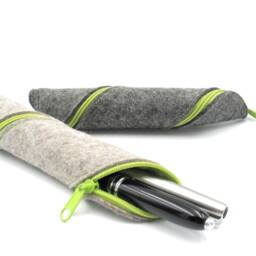 Pen Case For 2 Writing Instruments, Fountain Pen Case, Pen, Spiral Pens, Ballpoint Green, Grey - thumbnail 3