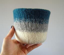 Large Felt Bowl - Ombre Style Felted Soft Wool Catch All Turquoise, Grey, & White Planter Desk Organizer