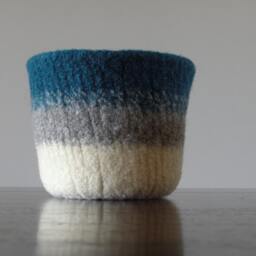 Large Felt Bowl - Ombre Style Felted Soft Wool Catch All Turquoise, Grey, & White Planter Desk Organizer - thumbnail 2