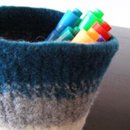 Large Felt Bowl - Ombre Style Felted Soft Wool Catch All Turquoise, Grey, & White Planter Desk Organizer - thumbnail 3