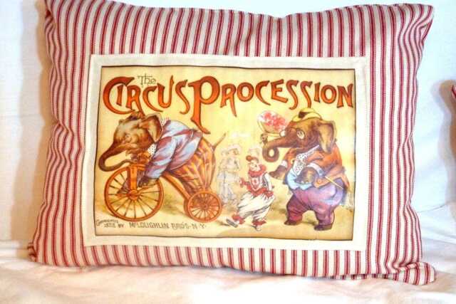 Vintage Circus Elephant Pillow Cover, Red French Ticking - 12x16 - image 1