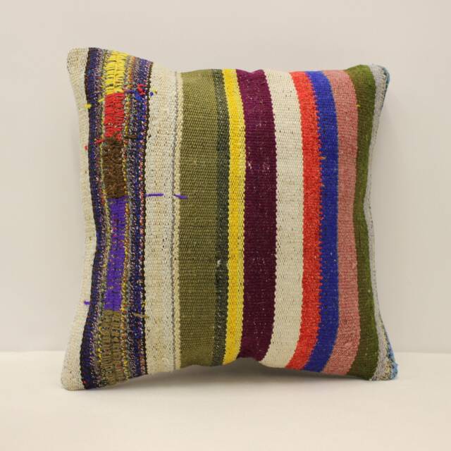 striped Kilim Pillow, 16x16 Bohemian Handwoven Anatolian Turkey Sofa Cushion Cover, 4Kf-825 - image 1