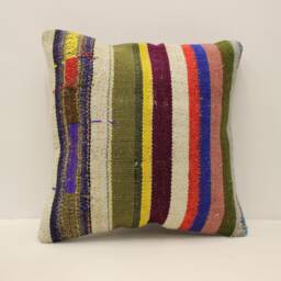 striped Kilim Pillow, 16x16 Bohemian Handwoven Anatolian Turkey Sofa Cushion Cover, 4Kf-825