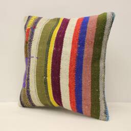 striped Kilim Pillow, 16x16 Bohemian Handwoven Anatolian Turkey Sofa Cushion Cover, 4Kf-825 - thumbnail 3