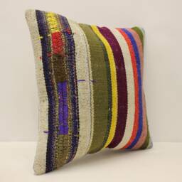 striped Kilim Pillow, 16x16 Bohemian Handwoven Anatolian Turkey Sofa Cushion Cover, 4Kf-825 - thumbnail 2