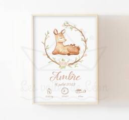 Personalized Birth Announcement Poster, Doe Wall Art, Forest Animals, Watercolor Baby Room, Keepsake Fawn, Name, Weight, Height, Time - thumbnail 1