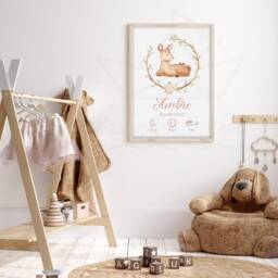 Personalized Birth Announcement Poster, Doe Wall Art, Forest Animals, Watercolor Baby Room, Keepsake Fawn, Name, Weight, Height, Time - thumbnail 2