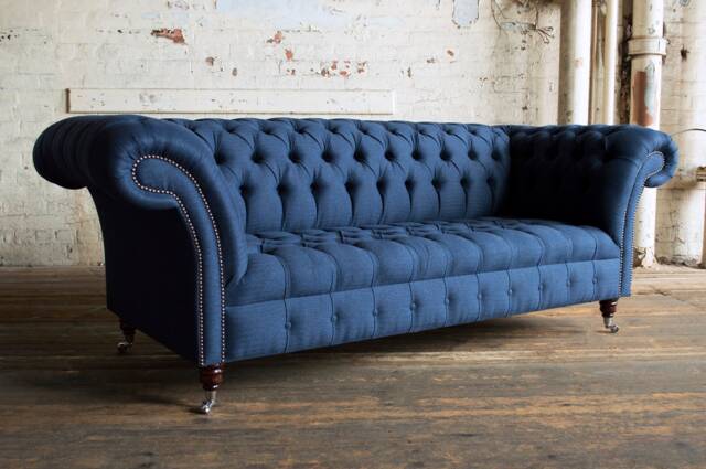 Handmade 3 Seater Navy Blue Herringbone Chesterfield Sofa - image 1