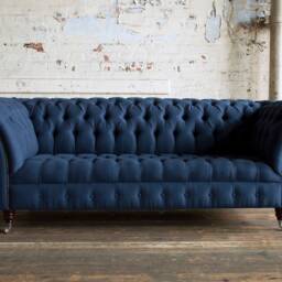 Handmade 3 Seater Navy Blue Herringbone Chesterfield Sofa - thumbnail 2