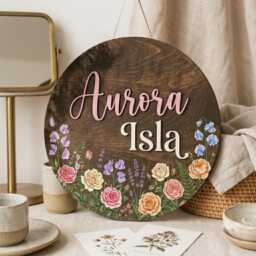 Personalized Baby Girl Name Sign, Wildflower Nursery 3D Wooden Plaque, Boho Floral Decor, Custom Round Wall Sign - thumbnail 2
