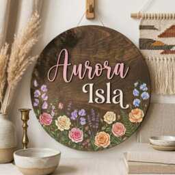 Personalized Baby Girl Name Sign, Wildflower Nursery 3D Wooden Plaque, Boho Floral Decor, Custom Round Wall Sign - thumbnail 1