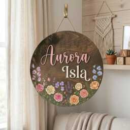 Personalized Baby Girl Name Sign, Wildflower Nursery 3D Wooden Plaque, Boho Floral Decor, Custom Round Wall Sign - thumbnail 4
