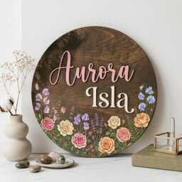 Personalized Baby Girl Name Sign, Wildflower Nursery 3D Wooden Plaque, Boho Floral Decor, Custom Round Wall Sign - thumbnail 3