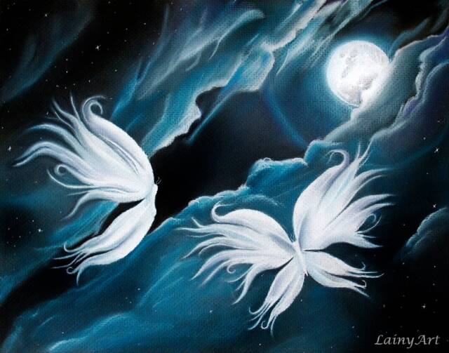 Moonlight Butterflies - Stretched Canvas Giclee Print Siblings, Twins Fantasy, Night, Butterflies, Space Art Last One, Discontinued - image 1