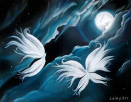 Moonlight Butterflies - Stretched Canvas Giclee Print Siblings, Twins Fantasy, Night, Butterflies, Space Art Last One, Discontinued - thumbnail 1