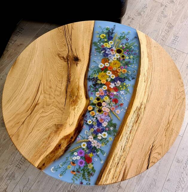 Round Coffee Table With Floral Design, Epoxy Resin River Made Of Wild Oak, Custom-Made - image 1