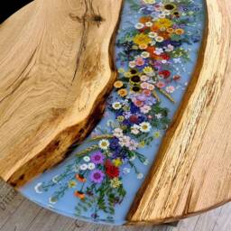 Round Coffee Table With Floral Design, Epoxy Resin River Made Of Wild Oak, Custom-Made - thumbnail 2