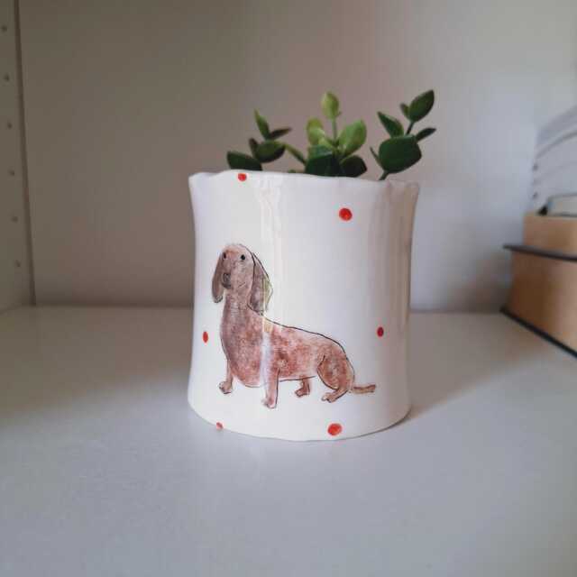 Handmade Dachshund Pottery Planter, Hand Painted Sausage Dog Flower Pot, Mama Home Decor - image 1