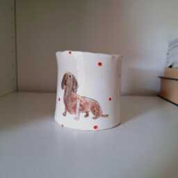 Handmade Dachshund Pottery Planter, Hand Painted Sausage Dog Flower Pot, Mama Home Decor - thumbnail 4