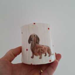 Handmade Dachshund Pottery Planter, Hand Painted Sausage Dog Flower Pot, Mama Home Decor - thumbnail 3