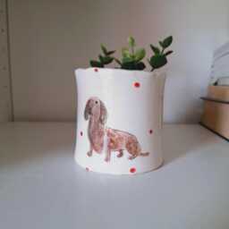 Handmade Dachshund Pottery Planter, Hand Painted Sausage Dog Flower Pot, Mama Home Decor - thumbnail 1